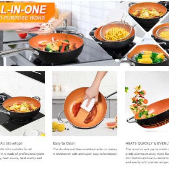 MICHELANGELO: 5 Qt/11" - Nonstick Wok/Stir Fry Pan w/ Lid + Basket + Steam Rack - Picture 8 of 11
